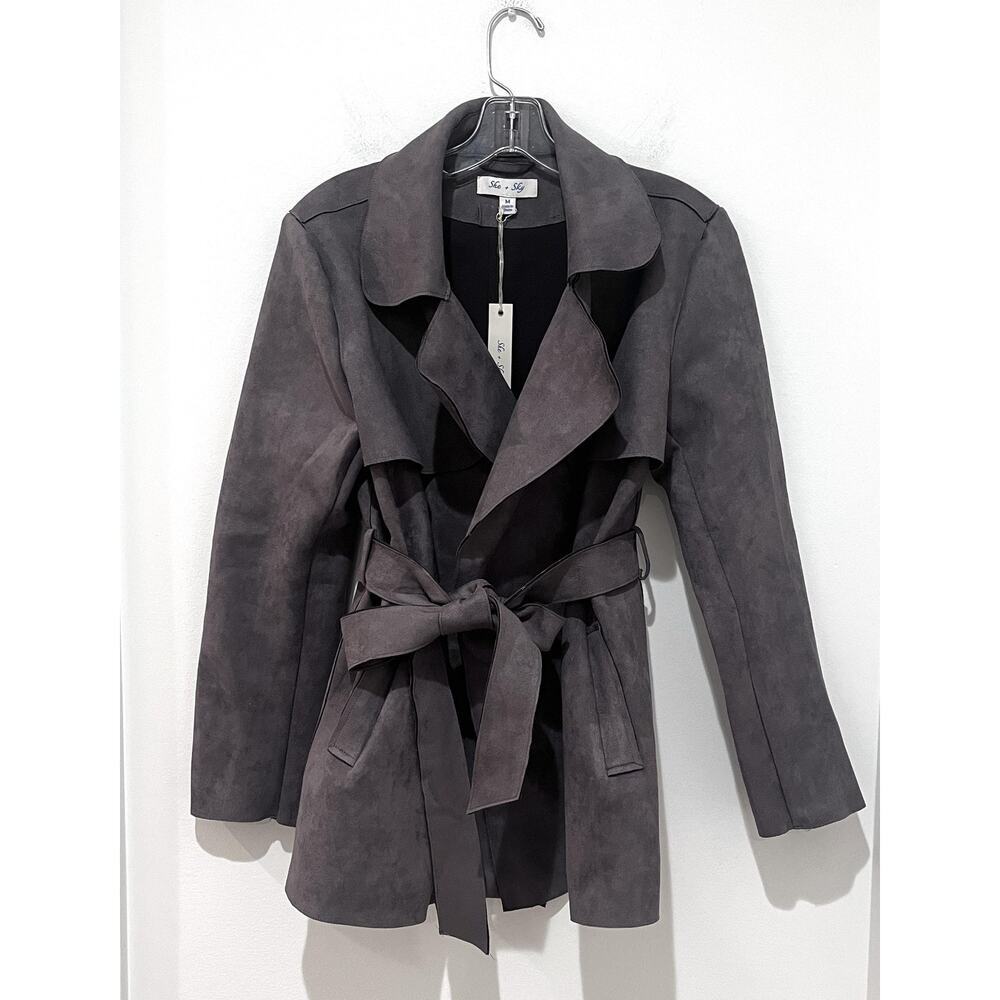 New She + Sky Coat Womens Medium Grey Faux Suede Knit Short Trench Jacket
